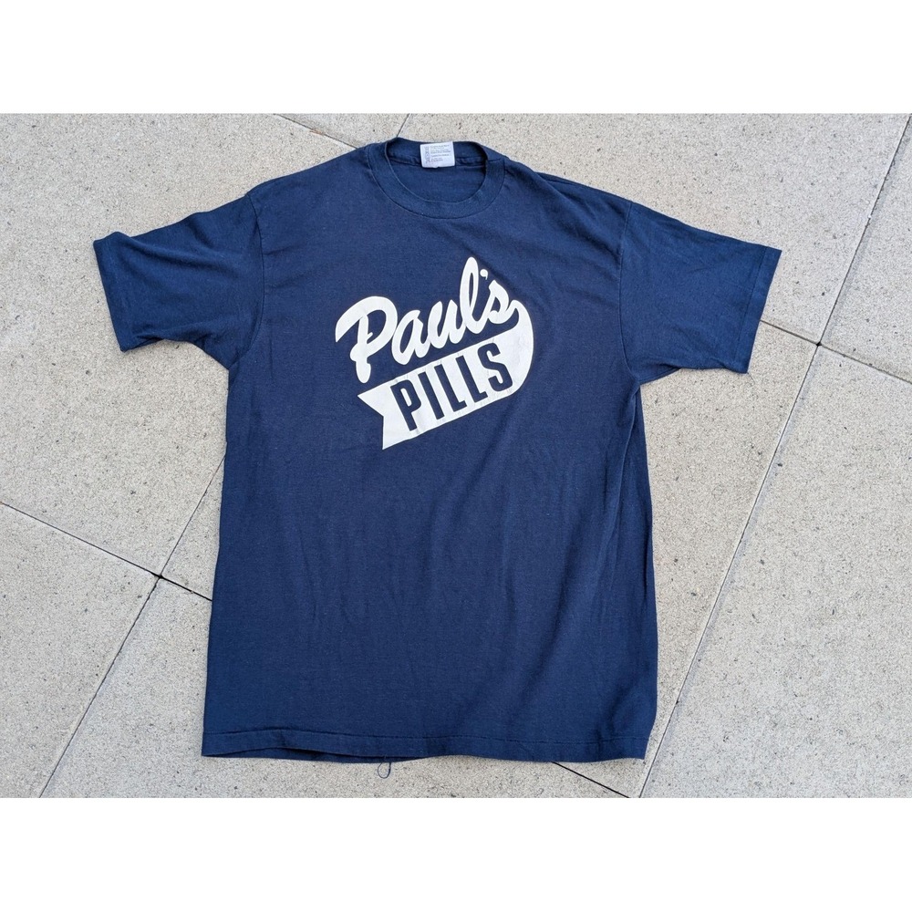 Vintage Hanes Shirt Mens XL Blue Paul's Pills Logo Sports Tee Made USA 80s